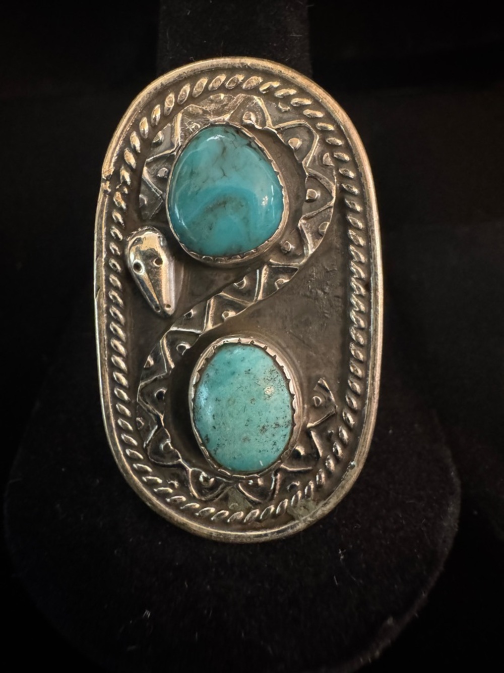 Sterling Silver Double Turquoise Statement Ring - Turquoise Blue native design